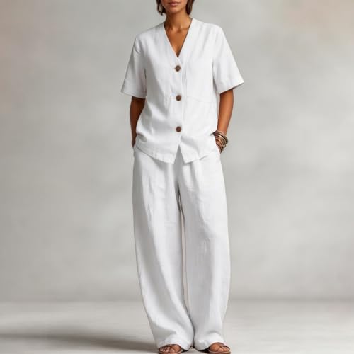 Camisa de lino de manga corta y pantalones anchos para mujer en conjunto informal 2