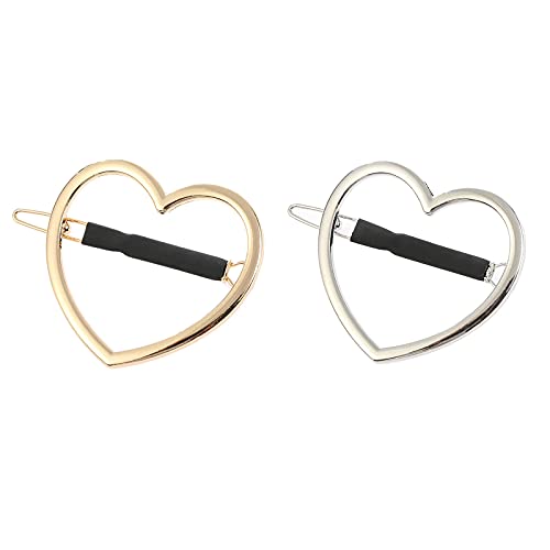 Giyomi 2 Pcs Minimalist Hair Clip For Women And Girls, Newly Designed Non-Slip Rubber Clip Gold & Silver Hollow Geometric Metal Hair Clip Bobby Pin Ponytail Holder Hair Accessories (Heart) #TOP24
