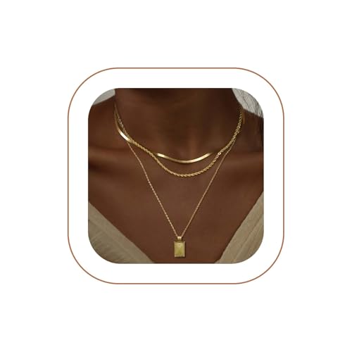 Kyerlyn layered gold necklaces for women，Stackable Simple 14K Gold Plated Chain Necklace Layering Fashion Pendant herringbone Necklaces Trendy gold Jewelry for women trendy Set Gifts