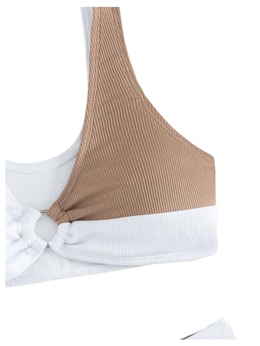 Image of SweatyRocks Girl's Two Piece Color Block Swimsuit V Neck Ribbed Bikini Set Bathing Suit Beachwear White Brown 10Y