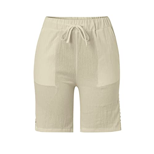Biker Shorts Women,Cotton Linen Bermuda Shorts For Women Elastic High Waist Solid Color Cargo Shorts Comfy Summer Sweat Shorts With Pockets Womens Athletic Shorts Khaki Xl #TOP3