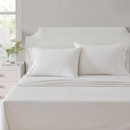 Image of Martha Stewart - Queen Size Sheets Set, Crisp & Tailored Cooling Sheets w /a Naturally Smooth Cotton Percale Lightweight Feel - Bed Sheets with Matching Pillowcases & Fitted Sheet (Stripe White)