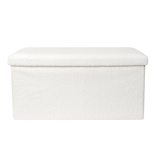 HOME DECO FACTORY - HD0059 Coffre Banc Pliable Bouclette Blanc M2 - Mobilier Assise et Rangement - Dimensions 76 x 38 x 38 cm - Hauteur Assise 38 cm - Couleur Blanc