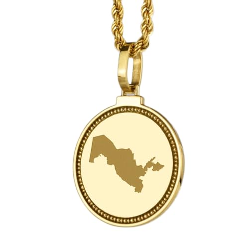 WORLD WIDE GEMS Pendentif rond en argent sterling 925 gravé d'une carte de l'Ouzbékistan (25 mm), plaqué or, bijou de voyage unisexe | WW_EGMP_0113