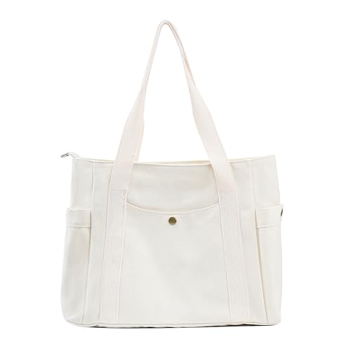 REDSINDA Canvas Tote Bag with Zipper, Multiple Pockets for Daily Essentials, Travel, Work (Beige)