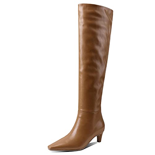 Lutalica W Women's Stylish Square Toe Slip On Autumn Winter Wide Calf Comfort Slouch Low Kitten Heel Dress Over The Knee High Boots