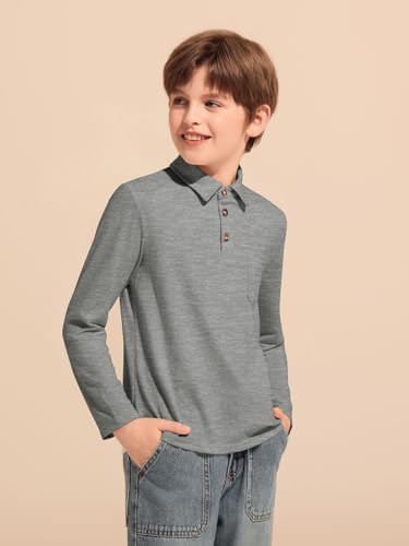 Image of Haloumoning Boys Long Sleeve Polo Shirts Kids Casual Button School Uniform Shirts with Chest Pocket 5-14 Years
