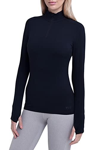 TCA Fusion T-Shirt de Sport et Running Léger Tee-Shirt Manches Longues Quickdry avec Fermeture Éclair Mi-Poitrine pour Femme - Black Stealth (Noir), L