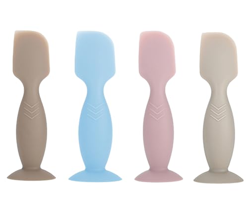 Image of 4 Pack Mini Baby Diaper Cream Spatula Applicator, Soft Silicone Baby Butt Paste Spatula Diaper Cream Brush with Suction Cup Base (Brown, Blue, Pink, Gray)