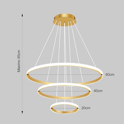 Luminária Pendente Moderna de LED Com 3 Anéis Dourados, Luminária Pendente de LED Regulável Por Cont