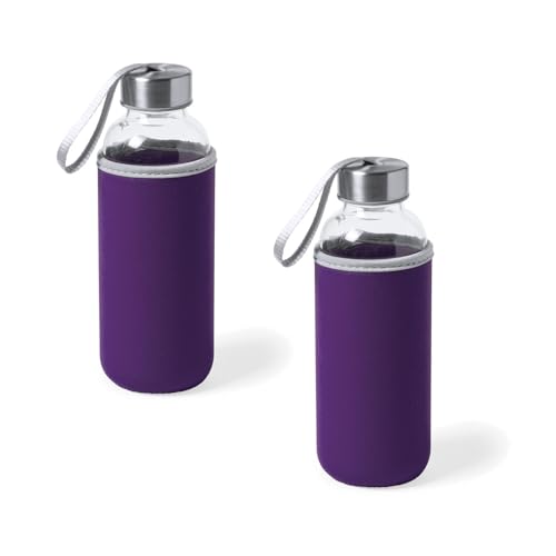 Genérico Juego de 2 Botellas de Agua de Cristal de 420ml con Funda de Neopreno y Tapa de Seguridad, Botellas Reutilizables de Bebidas para Deporte, Oficina y Viajes (Morado)