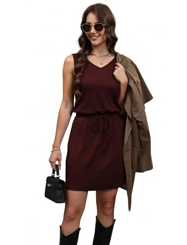 chicyes Summer Dresses for Women 2026 V Neck Sleeveless Tank Casual Mini Dress Tie Waist Sundresses with Pockets Outfits Red — view 2