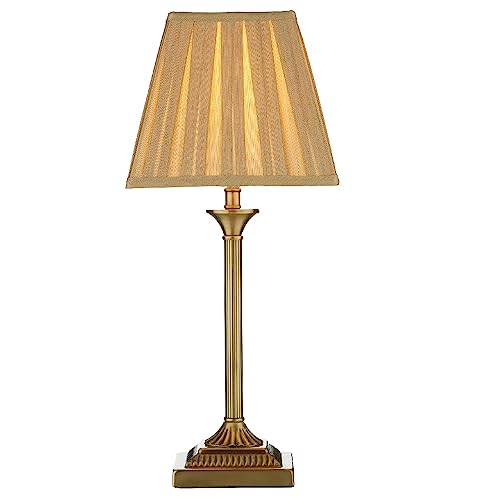 Britalia Antique Brass Traditional Candlestick Table Lamp with Gold Faux Silk Pleated Shade | 49cm Height | 1 x SES E14 Lamp Bulb Required | Square Base | Vintage Influence | Inline Rocker Switch
