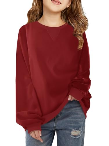 Haloumoning Girls Casual Crewneck Sweatshirts Kids Long Sleeve Oversized Fashion Pullover Tops 5-14 years Burgundy