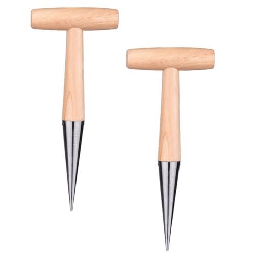VICASKY 2Pcs Wooden Hand Dibber Durable Soil Puncher Tools for Garden Planting Sturdy Chrome Plated Head Handle for Seedling Hole Punching