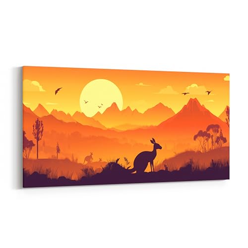 Kangaroo Canvas Wall Art,Australian Wild Animal Rustic Wall Hangings for Living Room Bedroom,Natural Sunset Mount Trees Silhouette Canvas Wall Decor Home Artwork,38"Lx19"W