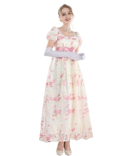 FCCAM Rosa Regency Kleider für Frauen 1800er Vintage Kleid Viktorianisches Ballkleid mit Handschuhen,S