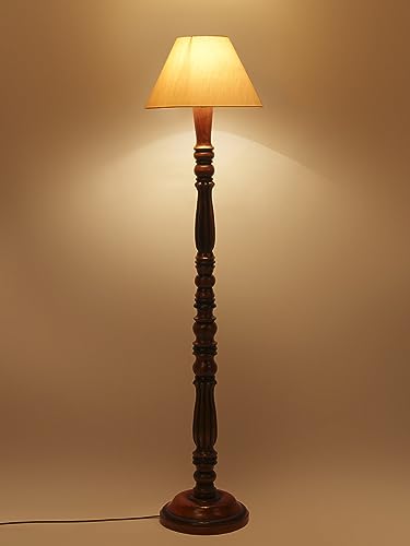 Image of Floor Lamp with Wooden Base - Height 55 inch, Light Tan | Modern Standing Lamp for Living Room, Bedroom & Office | Stylish & Elegant Home Lighting Decor | Decorative Lamp