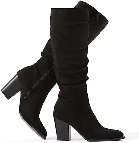 Putu Women's Pointed Toe Knee High Boots Faux Suede Slouch Boots ...