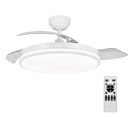Ventilador de techo con luz con mando 3 aspas, Motor DC 30W+Luz LED,temporizador, 6 velocidades, aspas retráctiles, 3 temperaturas de luz, función verano-invierno Silencioso (Blanco Mate, 50CM)