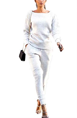 LKOUS Womens Fall Rib-Knit Long Sleeve Pullover Sweater Top and Long Pants Set Two Piece Outfits Workout Tracksuit
