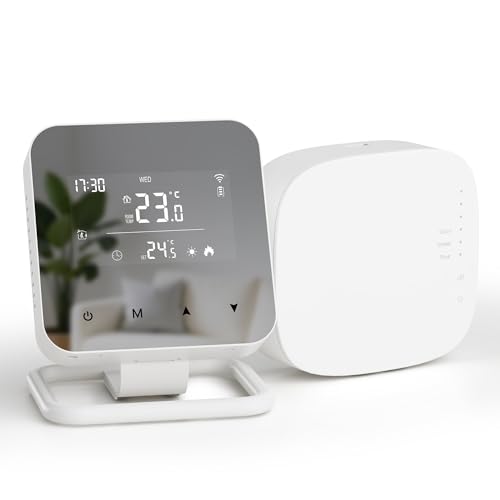 Beok Thermostat sans Fil programmable quotidiennement avec récepteur,Tuya Thermostat Connecté WiFi pour chaudière Compatible avec Alexa et Google Home Alimentation par Piles o USB
