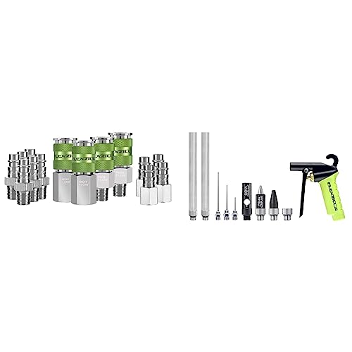 Image of Flexzilla Pro High Flow Coupler & Plug Kit, 1 /4 inch NPT, 14-Piece - A53458FZ and Flexzilla X1 Blow Gun Kit, 10-Piece, ZillaGreen - AG1500FZKIT