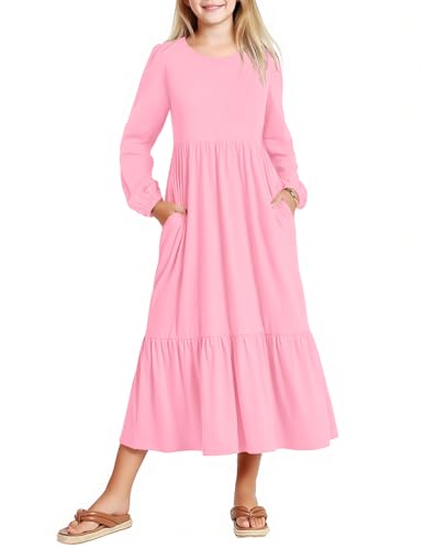 Image of Arshiner Girls Maxi Dresses Lantern Long Sleeve Casual Holiday Dress with Pockets for 5-14 Y