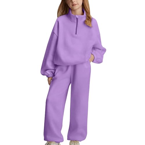 Girls Half Zipper Sweatshirts Set Plain Fleece 2 Piece Baggy Sweatpants Pullover Tops Sweatsuits (Purple, 8-9 Years)