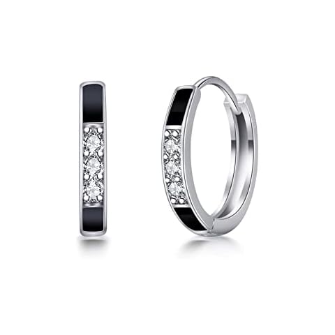 PHNIBIRD Mens Hoop Earring Black 925 Sterling Silver Small Hoop Earrings for Womens Men Unisex Sleep Earrings Diameter 15mm Cover