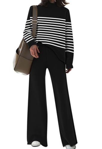 Fixmatti Stripe Sweater Sets for Women 2 Piece Knitted Outfits High Neck Top Wide Leg Pant Loungewear