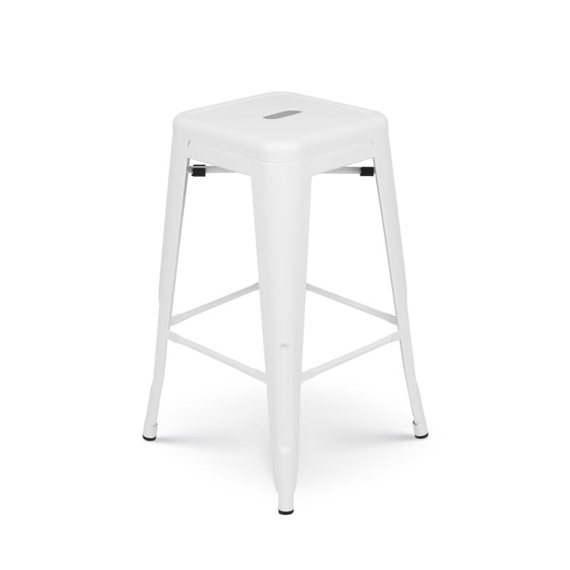 Kosmi Set Di 4 Sgabelli In Metallo Bianco Opaco E Seduta In Legno Chiaro - Stile Industriale, Senza Schienale, Altezza 46 Cm, Impilabili - 2