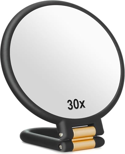 30x Magnifying Mirror, Travel Mirror with Handle, Dual Side 1x 30x Makeup Mirror, Portable Foldable Hand Held Mirror with Stand for Travel, Cosmetics, （Black）