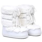 Snow Boots for Women,Winter Furry Faux Fur Boots Winter Black White Pink Fur Lined Lace-up Mid-Calf Non-Slip Fuzzy Boots (white, Adult, Women, 8, Numeric Range, US Footwear Size System, 9, Medium)