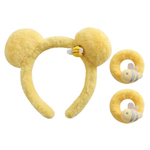 Fancheer Bear Ears Headband with 2PC Hair Ties Yellow Plush Bee Women Girls Costume Accessories for Winnie