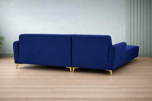 Image of Adorn India Premium Luster 6 Seater L Shape Sofa Set | Velvet Suede Fabric | 3-Year Warranty | LHS |Color Blue with Golden Legs & Striped Pattern Cushion