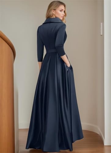 Satin A Line Formal Dresses for Women V Neck 3/4 Sleeves Tea Length Wedding Guest Dresses with Pockets3