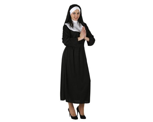 Atosa | Disfraz Monja Mujer Adulto | Velo Blanco y Vestido Negro con Cuello | Disfraz Católico Religioso para Fiesta de Disfraces, Halloween y Carnaval | Práctica Funda de Almacenamiento | M-L