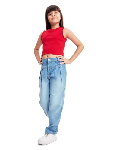 Image of olele Girls Super Jeans Collection for 4-14 Yrs | Stretchable Cotton Denim Trousers | Blue Jeans for Kids | Baggy Denim Pants | Cargo Pants for Girls