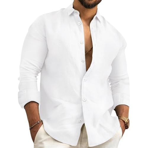 Litthing Chemises en Lin Coton Homme Manches Longues Couleur Unie Régulière Décontractée Boutonnées Été Chemise Leger Respirant Casual de Plage