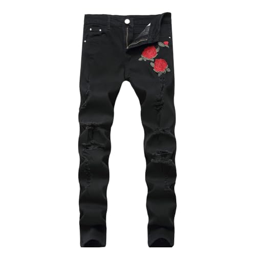 XYGJZ Men's Regular Slim Fit Jeans Ripped Distressed Destroyed Jean Rose Embroidered Pants