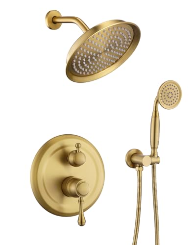 RomceBath Antique Brushed Gold Rain Shower Faucet System Complete Set,9 S-Wall Vintage Rainfall Shower Head with Handheld Spray Fixtures Combo,2 Way Diverter Brass Pressure Balance Valve and Trim Kit