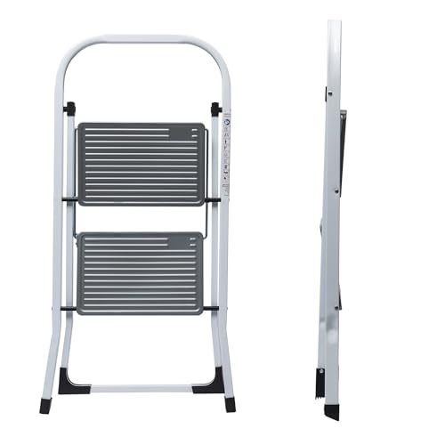 WERKA PRO Marchepied pliable 2 marches en métal léger, robuste et sécurisé avec garde-corps de 34 cm, capacité de charge de 150 kg, dimensions 81,5 x 46 x 55,5 cm, gris.