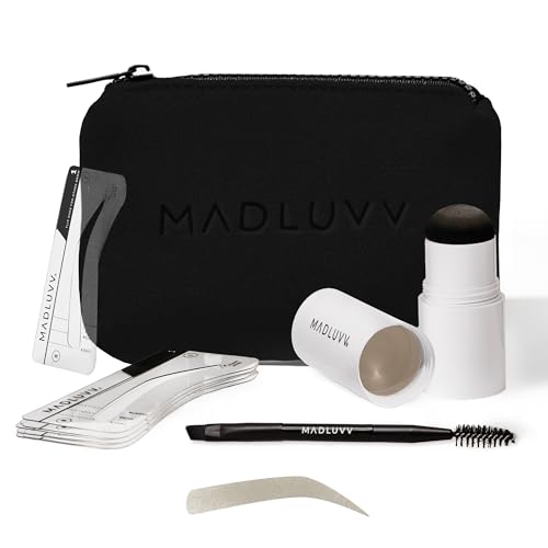 MADLUVV Brow Stamp Kit with Brow Stencils Easy Eyebrow Shaper for Natural-Looking Brows Popular Eyebrow Stencil Kit Used by Professionals 9 Shapes Spoolie Travel Bag & Stamp (Taupe)