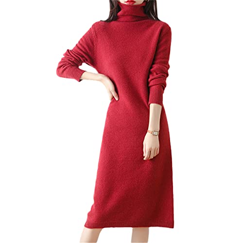 Damenkleid aus 100 % massivem Kaschmir, hoher Ausschnitt, Strickkleid, mittellang, knielang, lockere Unterseite, rot, XX-Large