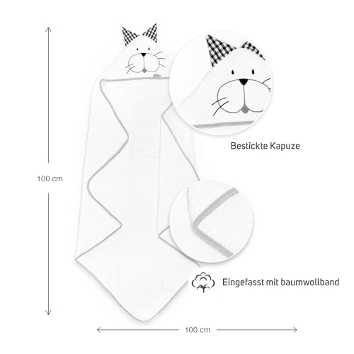 Ti TIN Baby-Badetuch mit Kapuze und Kätzchenohren, schwarz, 100 x 100 cm, Frottee aus 90% Baumwolle, extra weich und saugfähig, trocknergeeignet