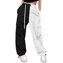Cromoncent Womens High Waist Parachute Pants Y2K Cargo Trousers with Pockets, Colorblock-White Black, L