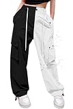 Cromoncent Girls High Waist Parachute Pants Y2K Cargo Trousers with Pockets, Colorblock-White Black, 11-12 Years = Tag 160