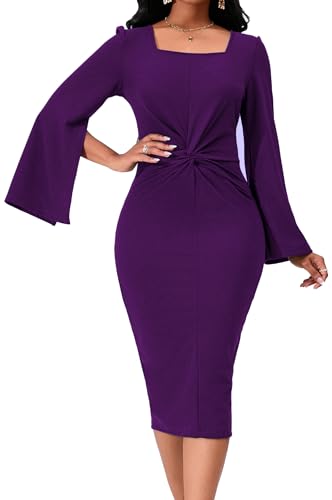 Image of Dresses for Women Elegant Long Sleeves Ruffles Pencil Knee Length Split Business Dress with Belt Zipper