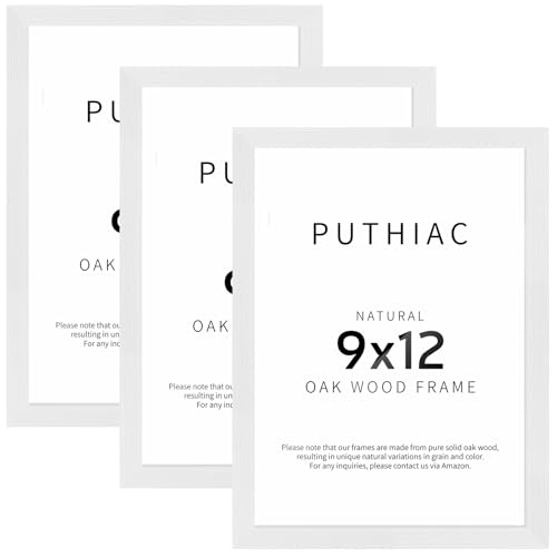 puthiac 9x12 Oak Wood Picture Frams - Minimalist 9x12 Oak Wood Frames, 9"x12" Picture Frame Wood, Natural Solid Wooden Picture Frames for Wall Art Photo and Prints(3 Pack, White)